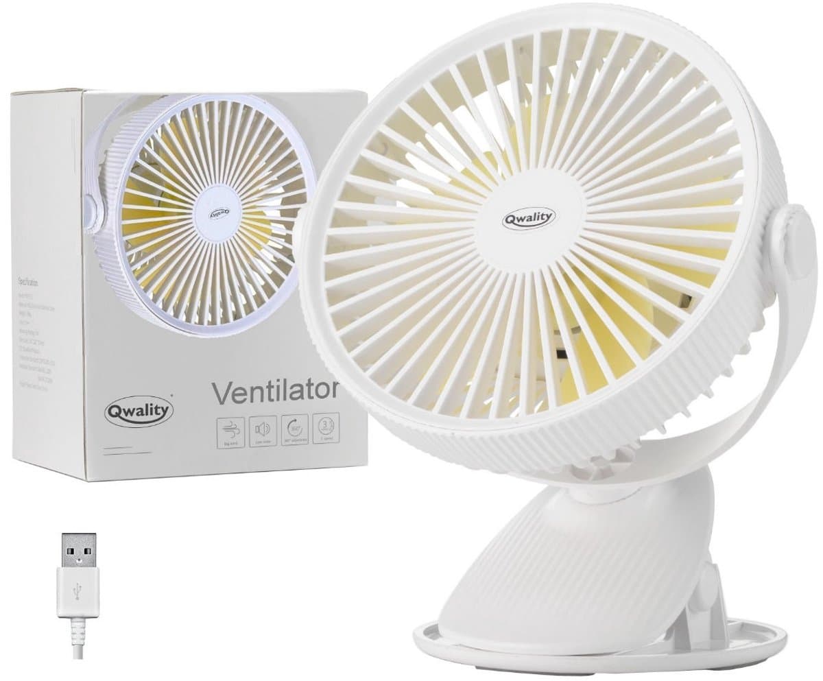 Ventilator met Clip - USB - 360° Draaibaar - Tafelventilator - Eenvoudige bevestiging - 2600 mAh Accu Batterij - Extra Stil - Wit - Qwality® — afbeelding 1