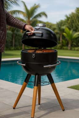 Fameilleur Barbecue met Onderstel – Houtskool BBQ met Ø41 cm Grillrooster – Ingebouwde Thermometer – Heat Deflector – Houtlook Poten – Stalen Kuip – Buiten Koken – Zwart – 98 cm barbecue- met onderstel- tuinbarbecue- barbecues voor in de tuin- tuin — thumbnail 1