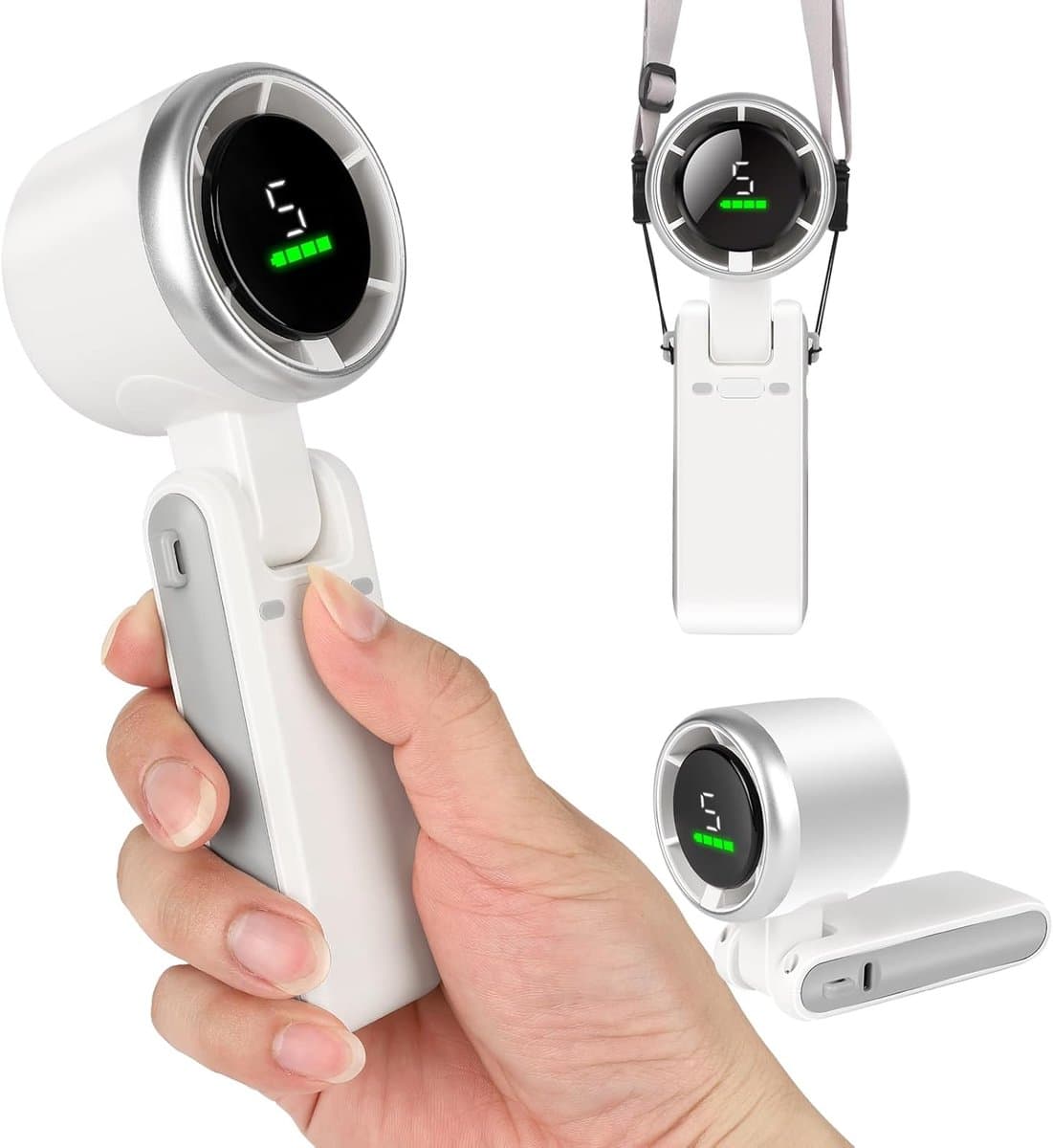 Mini Ventilator Draagbaar – Tafelventilator & Nekventilator –3600mAh – 5 Snelheden – Handventilator met LCD Display – Oplaadbaar – Sterke Windkracht – 180° Verstelbaar – Wit — afbeelding 1
