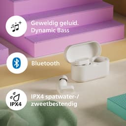 PHILIPS TAT3509 Noise Cancelling True Wireless In-Ear Bluetooth Oortjes - Klein, Natuurlijk geluid, Dynamische bas, Oplaadcase, Heldere gesprekken, Ideaal voor woon-werkverkeer en sporten - Wit — thumbnail 4