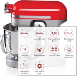 Ariete 1589/00 Moderna Keukenmixer - 1600 Watt - RVS 11 snelheden - 5.5 liter - incl 3 accessoires - Rood — thumbnail 4
