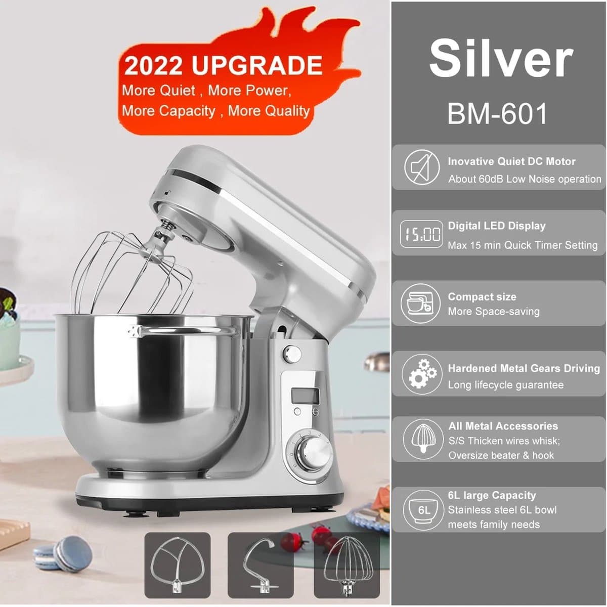 Shoppee 6L Foodprocessor - Keukenmachine - Voedsel Stand Mixer 1200W Dc - Stille Motor - Roestvrijstalen Kom 6-Speed -Crème Ei Garde zweep Deeg Kneader — afbeelding 1