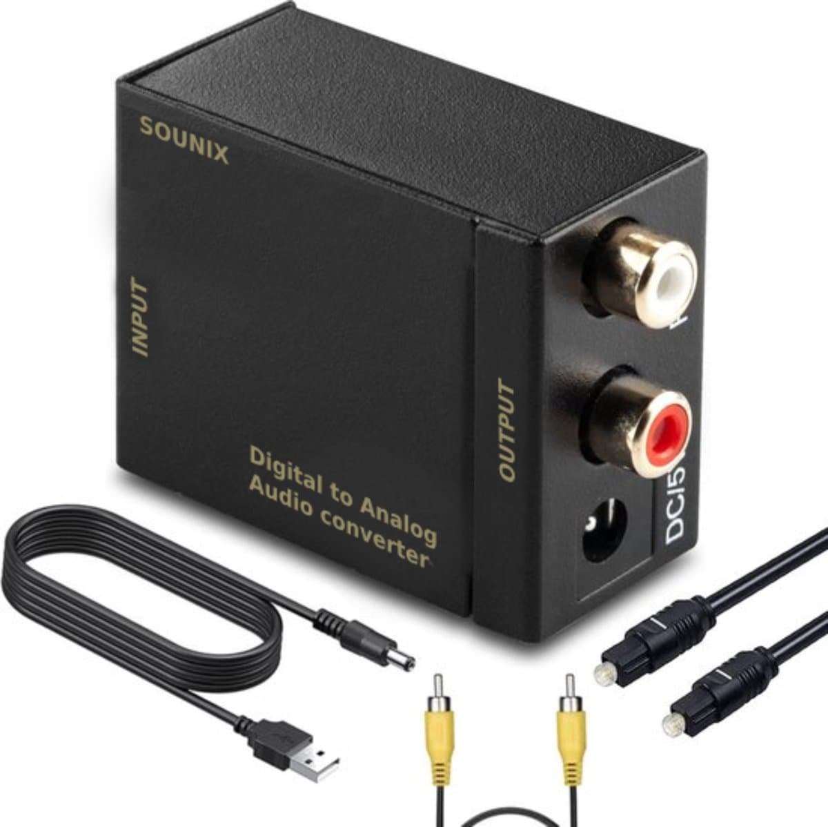Sounix Digitaal naar Analoog audioconverter - 192 kHz Audio Adapter voor Toslink naar RCA R/L - met Optische Kabel en Voedings Kabel - zwart — afbeelding 1