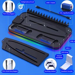Docking Station geschikt voor PS5 Slim Charging Station - Oplaadstation Geschikt voor Playstation 5 - Accessoires Oplader Controllers - Headset Houder - Digital + Disc + Slim Edition — thumbnail 5
