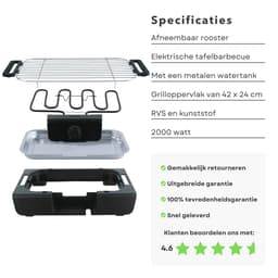 Elektrische Tafel Barbecue - Grillplaat 42x24 cm - Afneembaar Grillrooster - RVS - Kunststof - 50,5x36,5x9cm - Met Metalen Waterreservoir - Verstelbare Thermostaat - Veiligheidsvergrendeling - 2000 Watt - Elektrische BBQ - Tafelmodel — thumbnail 2