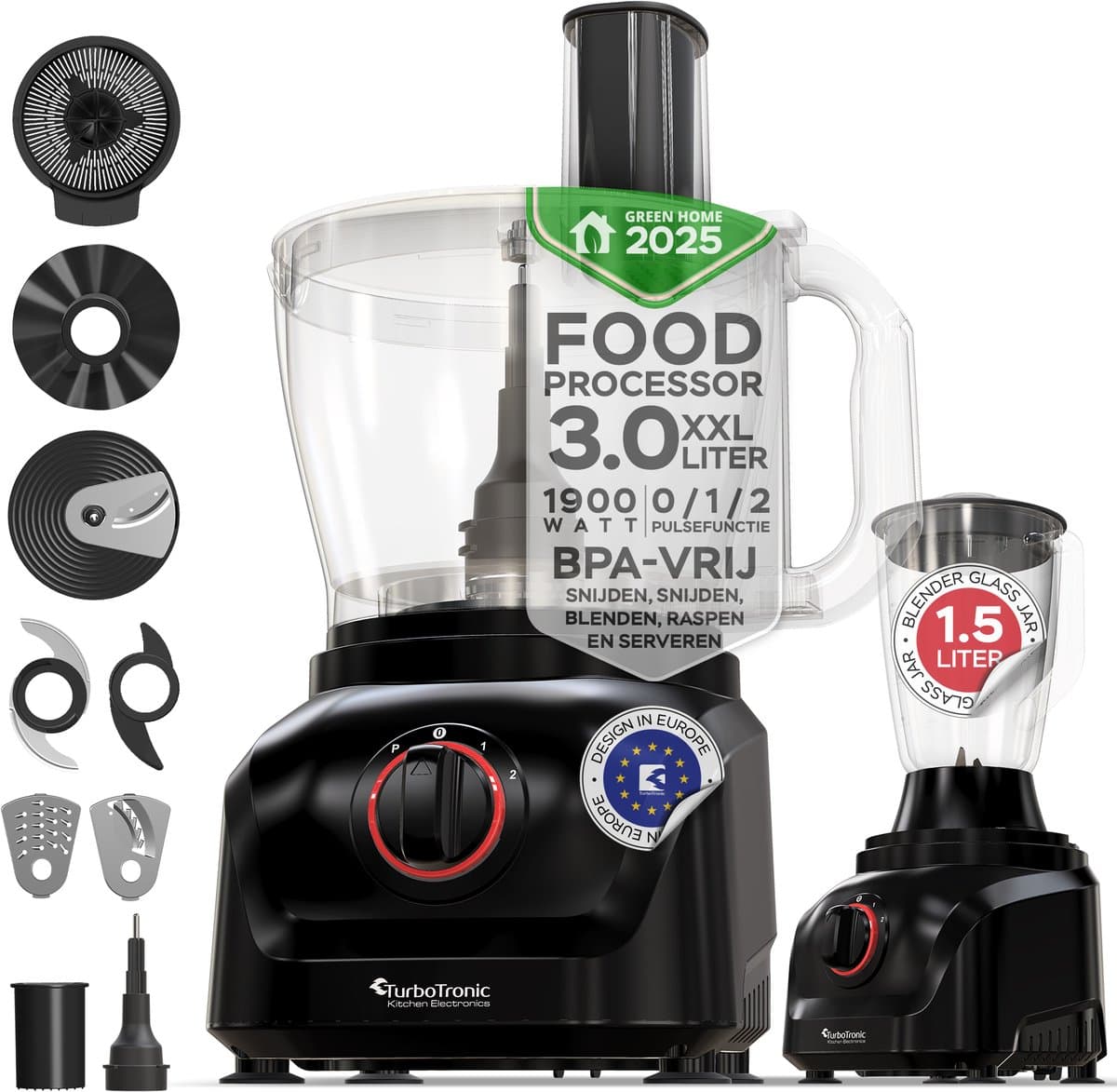 TurboTronic FP900 Foodprocessor - 8-in-1 Keukenmachine - 3 Liter - Zwart — afbeelding 1