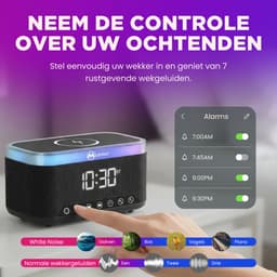 Muring Digitale Wekkerradio – Digitale Klok Slaapkamer – 15 W Draadloos opladen - Speaker met bluetooth - 13 Lichtstanden - Lichtwekker – Wekker voor kinderen & volwassenen – Netstroom – Alarmklok – Zwart — thumbnail 2