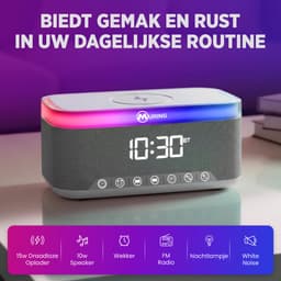 Muring Digitale Wekkerradio – Digitale Klok Slaapkamer – 15 W Draadloos opladen - Speaker met bluetooth - 13 Lichtstanden - Lichtwekker – Wekker voor kinderen & volwassenen – Netstroom – Alarmklok – Wit — thumbnail 4
