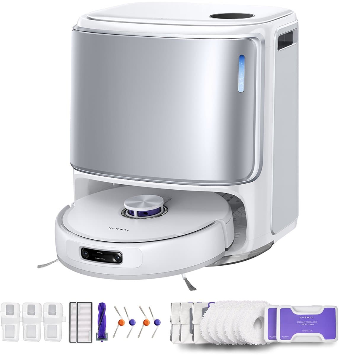 Narwal Freo Z10 Ultra + 1 x cycloonborstel zonder klitten, 6 x dweilpads, 4 x zijborstel, 2 x vloerreinigingsmiddel, 3 x stofzak voor basisstation, 2 x filter voor stofbak, 3 x vervangbare inzetbak, 4 x plintdoek — afbeelding 1