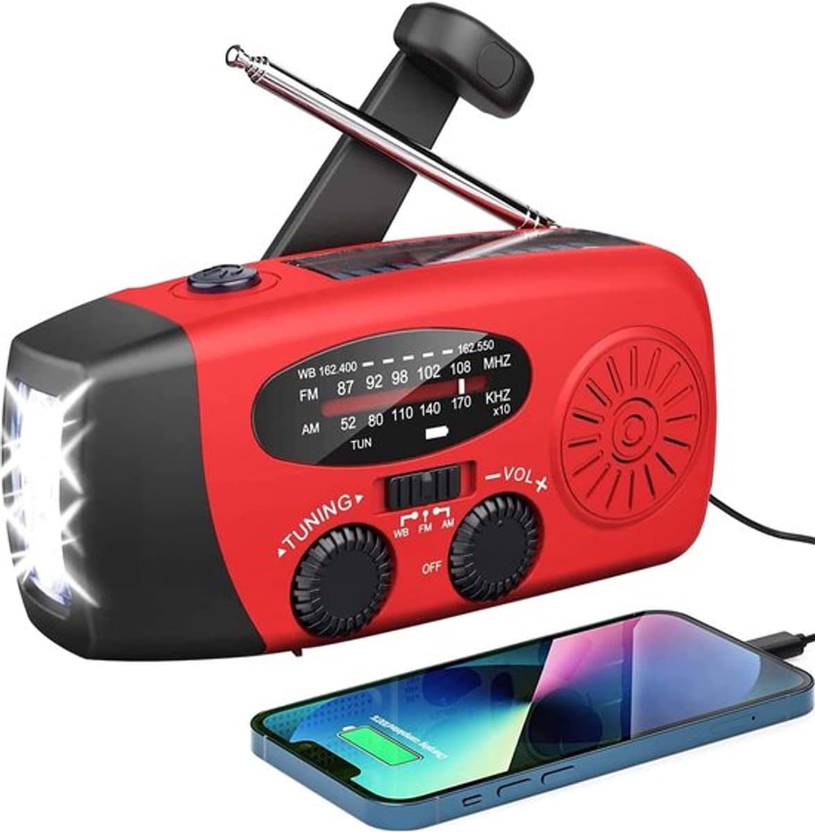 Draagbare noodradio - Powerbank 2000 mAh - Zaklamp - Solar opwindbaar - SOS alarm - USB-C kabel - Noodpakket - Kunststof - rood — afbeelding 1