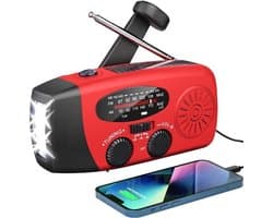 Draagbare noodradio - Powerbank 2000 mAh - Zaklamp - Solar opwindbaar - SOS alarm - USB-C kabel - Noodpakket - Kunststof - rood