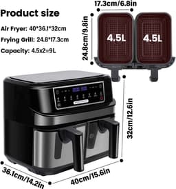De Warenloods - XXL Airfryer - Heteluchtfriteuse - Heteluchtoven - 2 lades van 4,5 liter - 8 automatische programma's - LED-touchscreen - Zwart - 36x40x32cm — thumbnail 3