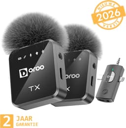 Doroo® Professioneel Draadloze Microfoon - 2 Stuks - Lavalier - Windshields - Extra Lange Batterij - Dasspeld - Professioneel audio geluid - USB-C/Lightning/AUX-draadloze microfoon iphone-Android -Plug & Play - twee jaar garantie — thumbnail 1
