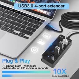 USB 3.0 4-poorts Expander Hub met LED-schakelaars - Draagbare USB-poortextender voor PC en Apparaten — thumbnail 5