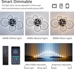LuxiLamps - 5 Ringen Plafondventilator - Zwart - 6 Snelheden - Dimbaar Met Afstandsbediening en APP - Moderne Cirkel Ventilator Licht — thumbnail 3