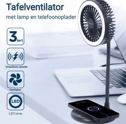 3-in-1 Tafelventilator - Qi draadloze oplader 10W - LED Verlichting - 3 snelheden en verlichting - USB Ventilator- Handventilator -Bureau Ventilator - Mini Ventilator - Tafel ventilator - Zwart — thumbnail 1