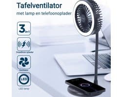 3-in-1 Tafelventilator - Qi draadloze oplader 10W - LED Verlichting - 3 snelheden en verlichting - USB Ventilator- Handventilator -Bureau Ventilator - Mini Ventilator - Tafel ventilator - Zwart