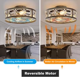 Industriële Plafondventilatorlamp - Stille Motor - Afstandsbediening - Vintage Kooi Design - 6 Snelheden - Timerfunctie - Woonkamer en Keuken - Zomer en Winterstand - Zwart - E27 Fitting — thumbnail 2