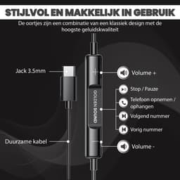 Golden Sound bedrade oordopjes - Oordopjes met draad en microfoon - USB-C aansluiting - Zwart — thumbnail 2