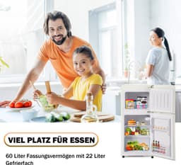 Retro koelkast. Freezer -combinatie. 88,8 cm hoog, 45,5 cm breed, twee dader, met een totaal van 60 liter totaal volume, 22 liter vriezervolume. 102 kWh/jaar, -27 ° C ∽ 13 ° C, LED -licht. Crème wit, energieniveau E. — thumbnail 4
