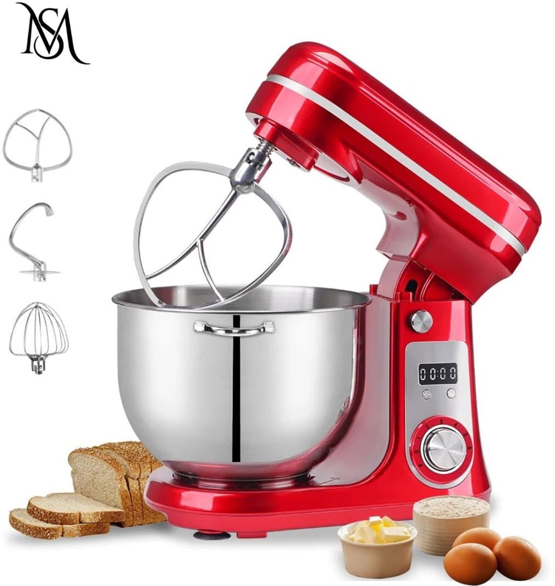 Keukenmixer - Stand Mixer - Deegmixer - Foodprocessor - Elektrische Mixer - 6 Snelheden - 6 Liter RVS Mengkom - Garde - Klopper - Deeghaak - Stil - Krachtig - Met LED-display - BPA-vrij - Antislip - Rood — afbeelding 1