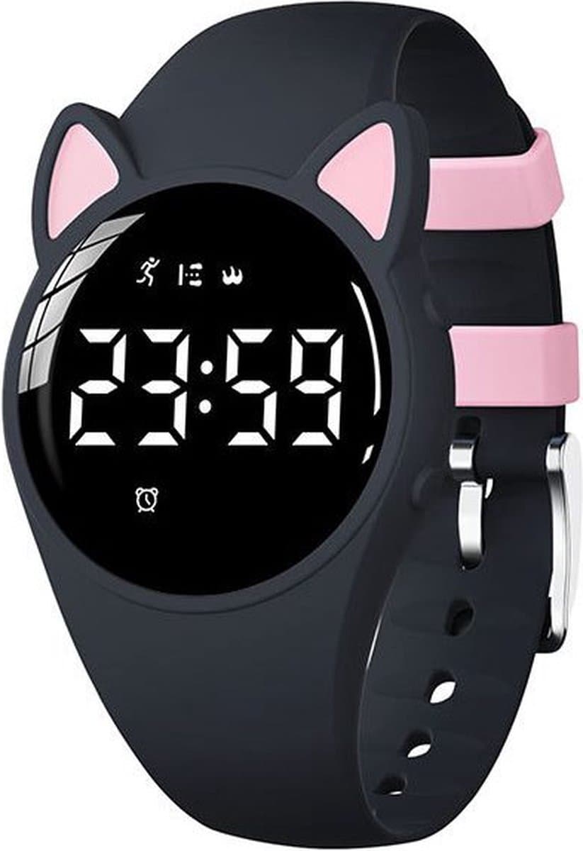 Smartwatch Kinderen - Kat - Stappenteller - Stopwatch - Zwart & Roze — afbeelding 1