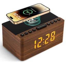 Neveda Digitale Wekkerradio Met Draadloze Oplader Telefoon - Wekkers digitaal op netstroom - Klokradio Slaapkamer - Voor kinderen & Volwassenen - Bruin hout — thumbnail 1
