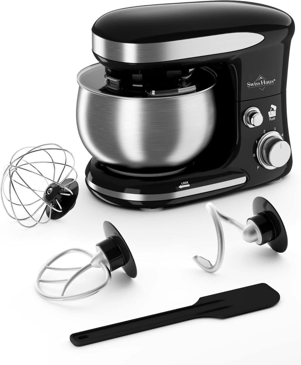 Swiss Haus® KM2305 Keukenmachine - 1300W Keukenrobot – 5L RVS Mengkom – Keukenmixer met 6 Snelheden + Pulse – met Deeghaak & Garde – Zwart — afbeelding 1