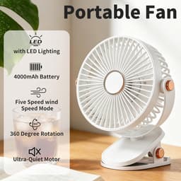 Ulisem - Klemventilator - 4000mAh oplaadbaar - 5 snelheden - 720° draaibaar - Stille motor - Met ledverlichting - Babyveilige afdekking - Geschikt voor camping en wandelen - Wit — thumbnail 4