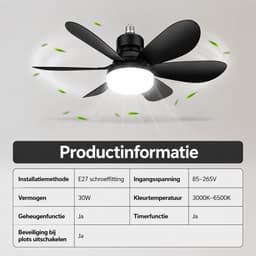 Pelor Plafondventilator met Verlichting E27 - LED Ventilatorlamp met Afstandsbediening - 3 Snelheden - 52 Inch - Zwart — thumbnail 4