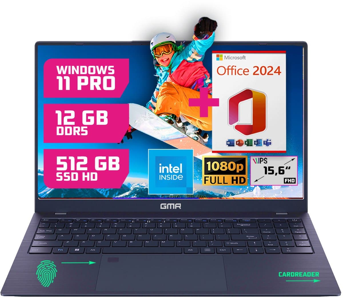Office Laptop 15.6 Inch Full HD IPS - Intel N95 - 12GB DDR5 RAM - 512GB SSD - Windows 11 Pro - Microsoft Office 2024 - GMR Notebook voor Studie, School, Office, Internet, E-mail, Thuiswerken en Zakelijk Gebruik — afbeelding 1