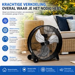 Industriële Vloerventilator 77 cm – Krachtige Trommelventilator met Wielen & Handgreep – 3 Snelheden – Zwart — thumbnail 5