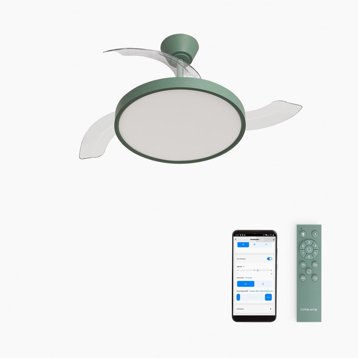 CREATE - Plafondventilator 40W stil met intrekbare bladen met licht - Ø91cm - Sage - WIFI + afstandsbediening - WIND CLEAR STUDIO — afbeelding 1