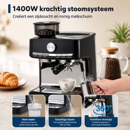 Sello! espressomachine – koffiemolen – melkopschuimer – cappuccino – latte – verse bonen – 30 maalstanden – 1350W - RVS — thumbnail 4