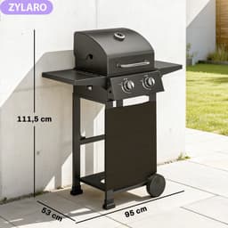 Gasbarbecue - Gasbarbecue en grill - 2 Branders - 5,4 kW - Grillwagen - met Grillrooster, Wielen, Inklapbaar Bijzettafels, Drukregelaar, Slangen, Thermometer en Warmhoudplaten - 95 x 53 x 111.5 cm - Zwart — thumbnail 2