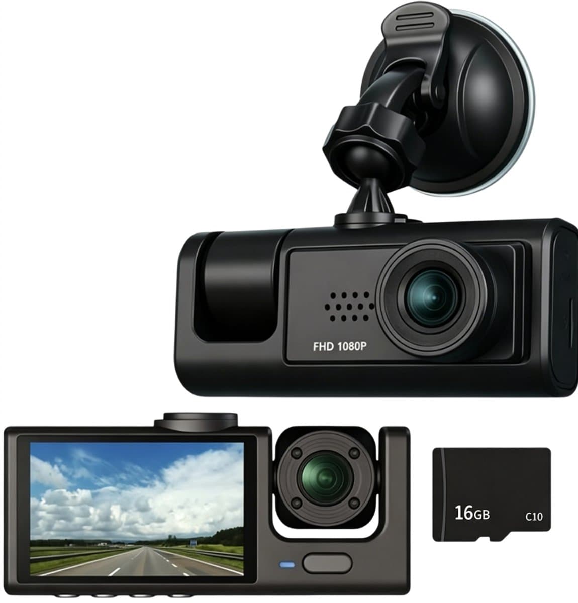 Driecamera-dashcam - 170° groothoek - drie camera's (voor, binnen en achter) - Full HD - 2-inch scherm - nachtzicht en botsingsdetectie - Cyclische opname - Achteruitrijbeeld - Inclusief 16 GB SD-kaart — afbeelding 1