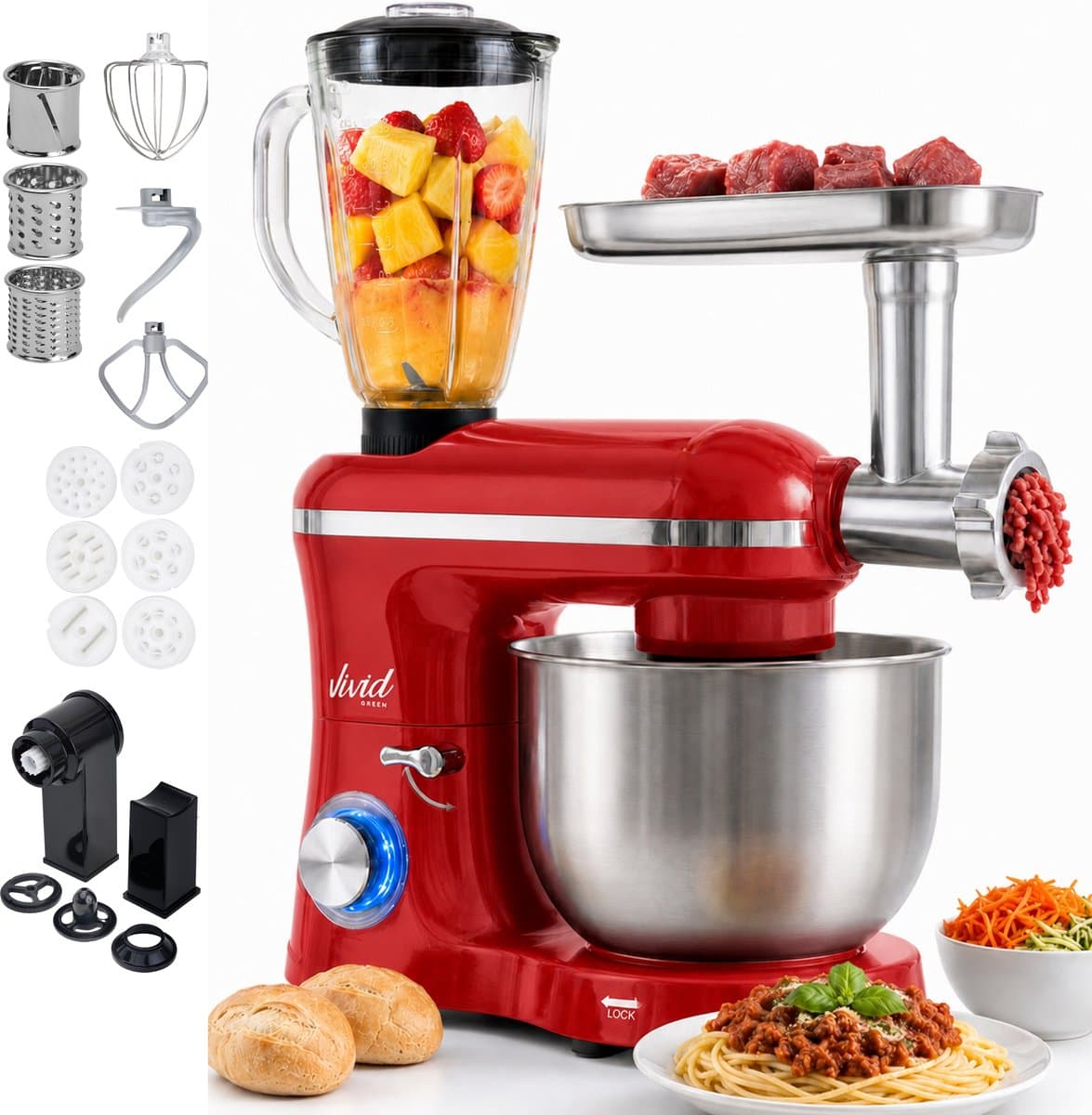 Vivid Green 2000W Keukenrobot - 6.2L - Alles-in-een Keukenmixer - Mixer met Mengkom - Keukenmachine - Gehaktmolen en Blender- Pastamachine – Rood — afbeelding 1