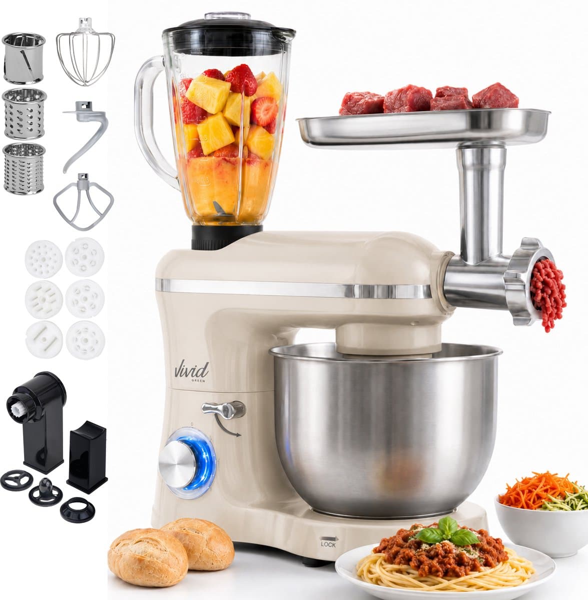 Vivid Green 2000W Keukenrobot - 6.2L - Alles-in-een Keukenmixer - Mixer met Mengkom - Keukenmachine - Gehaktmolen en Blender- Pastamachine – Creme — afbeelding 1