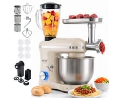 Vivid Green 2000W Keukenrobot - 6.2L - Alles-in-een Keukenmixer - Mixer met Mengkom - Keukenmachine - Gehaktmolen en Blender- Pastamachine – Creme