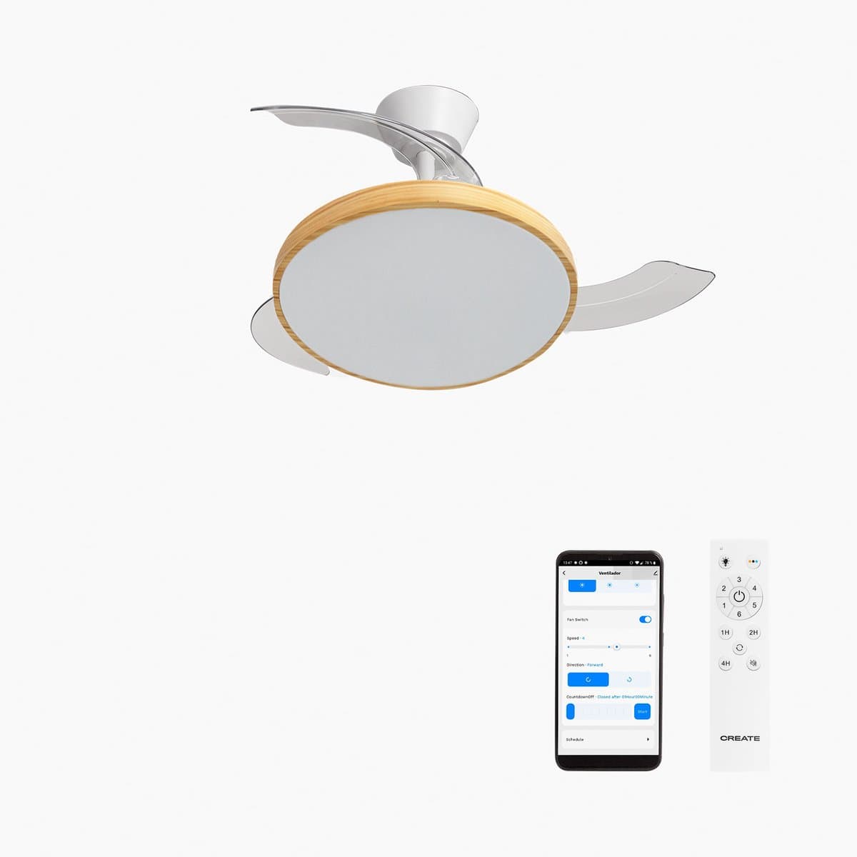 CREATE - Plafondventilator 40W stil met intrekbare bladen met licht - Ø91cm - Wit / Licht hout - WIFI + Afstandsbediening - WIND CLEAR STUDIO — afbeelding 1