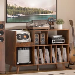 Platenspeler Tafel - Platenspeler Standaard - Vinyl Opbergkast voor 450+ Elpees - Grote Platenkast met Nu Afspelend Display - Vinyl Storage Meubel - Audiomeubel & Platenspeler Meubel - Platenhouder voor Woonkamer & Muziekkamer — thumbnail 2