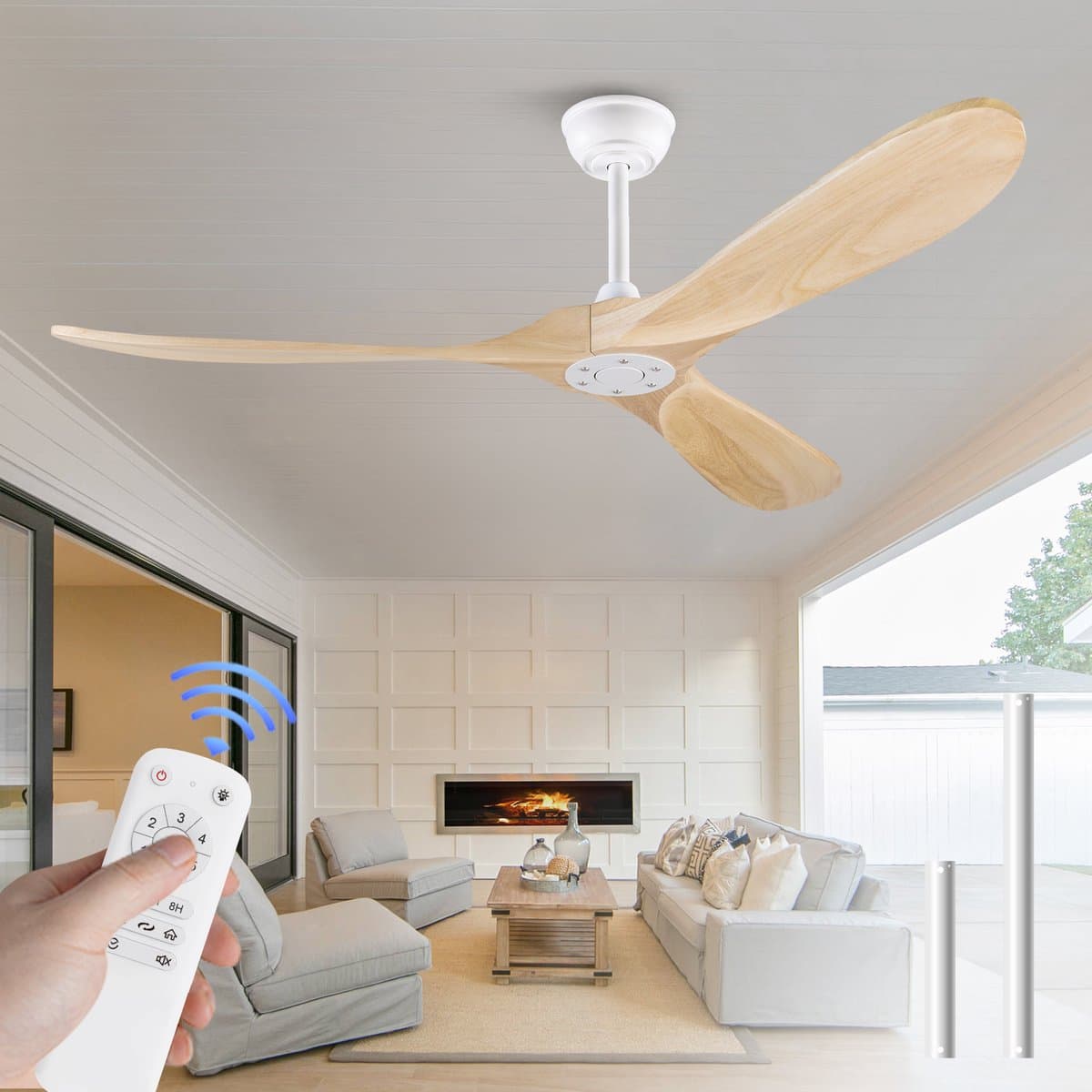 Merdoo Plafondventilator zonder Lamp - 60 inch - 3 Houten Bladen - Afstandsbediening - Wit/Naturel — afbeelding 1