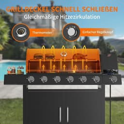 Propaanbarbecue met 6 hoofdbranders en 1 roestvrijstalen zijbrander – barbecuewagen van 60.000 BTU – voorzien van warmhoudrek, onderkast en 2 zwenkwielen met rem – geschikt voor in de tuin, op het terras en op de camping — thumbnail 3