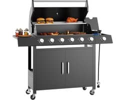 Propaanbarbecue met 6 hoofdbranders en 1 roestvrijstalen zijbrander – barbecuewagen van 60.000 BTU – voorzien van warmhoudrek, onderkast en 2 zwenkwielen met rem – geschikt voor in de tuin, op het terras en op de camping