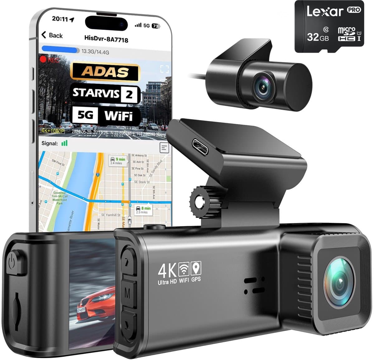 SyncGear 4K Dashcam Pro Inclusief SD Kaart - Nieuw 2026 - Met 2K Achter Camera - Wifi & GPS - Dashcam Draadloos - Ingebouwde ADAS - Dual Dashcam - Dashcam voor Auto Voor en Achter - WDR — afbeelding 1