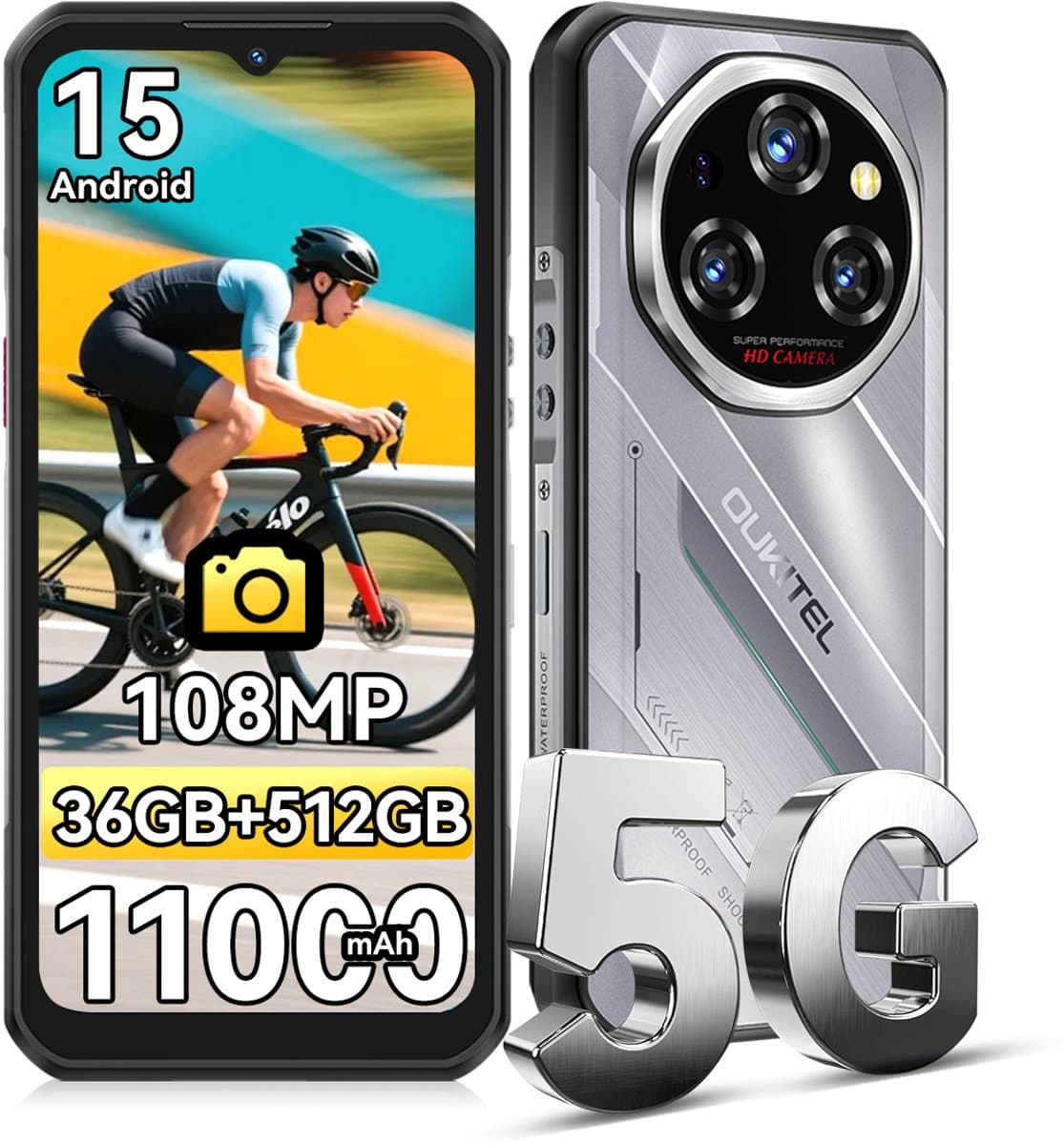 OUKITEL WP62 Rugged Smartphone 5G - 36GB RAM - 512GB ROM - 6,6 inch FHD+ 120Hz - 11000mAh 33W - 108MP Camera - Android 15 - Dual SIM - IP68/IP69K Outdoor telefoon - NFC GPS OTG - Zilver — afbeelding 1