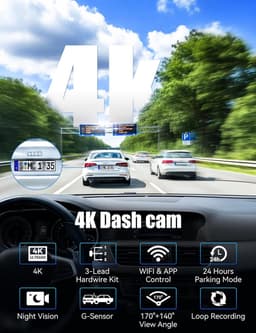 4K dashcam voor en achter, 3-kanaals dashcam met hardwire-kit, 24-uurs parkeerbewaking, 64 GB SD-kaart, Wifi, App, Nachtzicht — thumbnail 4