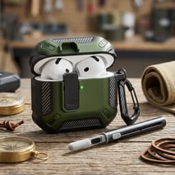 Groen hoesje voor oordopjes met cleaning kit – robuuste shockproof beschermhoes geschikt voor AirPods 4 met clip en carbon look details — thumbnail 3
