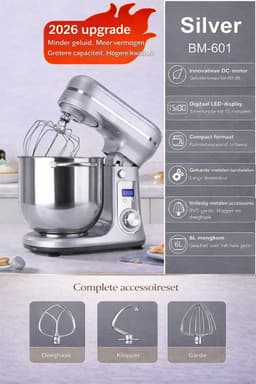 Sello! keukenmachine - krachtige stille motor – deeg kneden – mixer – kloppen – 6 snelheden – 1200 watt – 6 liter – grijs — thumbnail 4