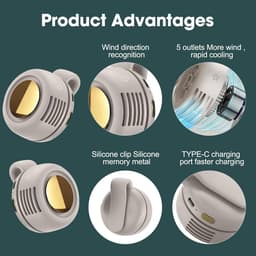 Miniventilator - Stille ventilator zonder bladen - Clipventilator - USB-oplaadbare ventilator - Draagbare clipventilator - Nekbandventilator - USB-oplaadbaar - Instelbare windsnelheid - Geschikt voor buiten, op reis en op kantoor - Beige — thumbnail 5